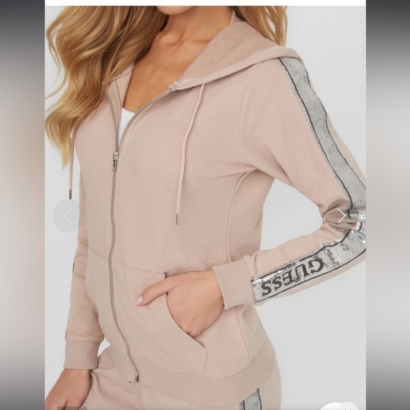 GUESS Maila Logo Zip Up Hoodie blush sweatshirt Sz M - Picture 1 of 12